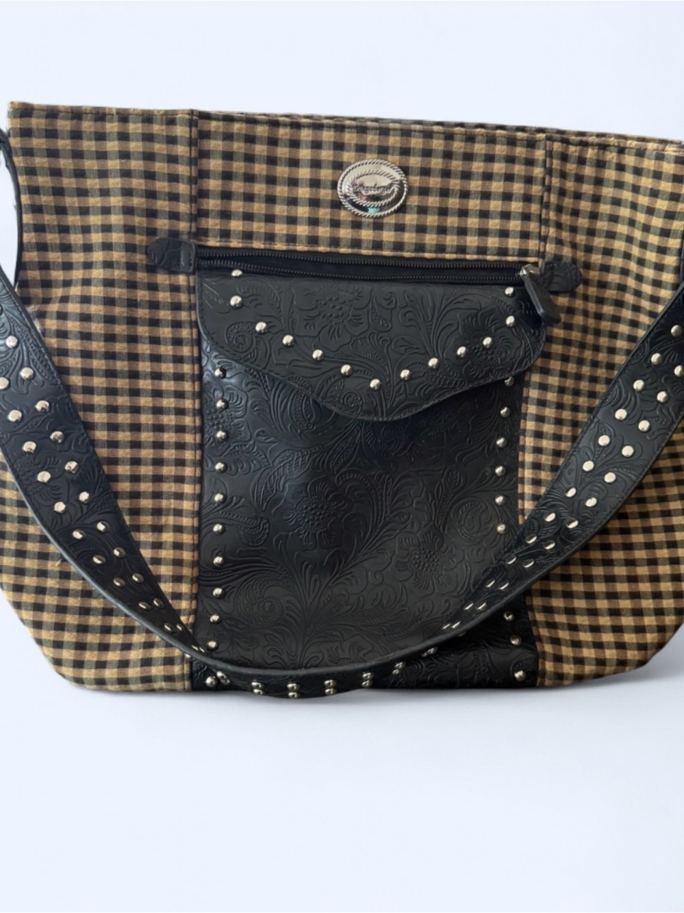 RARE Longaberger Homestead Tan Black Gingham Tooled Leather Bag Western Cottage
